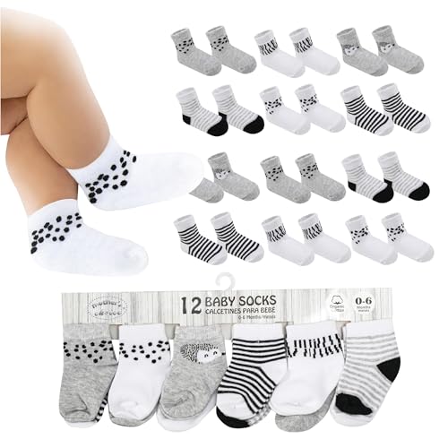 Image of Organic Baby Socks 0-6 Months - 12 Pairs, Cotton Infant Socks, Unisex, Soft & Hypoallergenic Newborn Socks, (US, Age, 0 Months, 6 Months, 12, Gray - White)