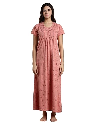 Image of 9shines Label Stylish Cotton Blend Embroidered Maxi Nightdress for Women with Pocket| Full Length Nightwear| Premium Nightdress| Comfortable Nightwear(5256)