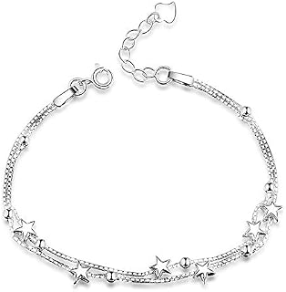 Tusuzik Elegant Mini Stars Beaded Charm Bracelet 925 Sterling Silver Box Chain Layered Bracelet,Adjustable Friendship Link Bracelet Jewelry for Women