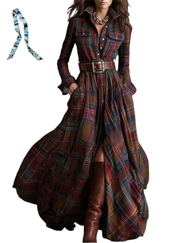 Damen-Maxikleid mit langen Ärmeln, kariert, Maxikleid für Damen, Vintage-Stil, V-Ausschnitt, langärmelig, pastoraler Stil, rot, L