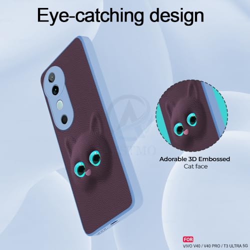 Image of AESTMO Back Case Cover for Vivo V40 / V40 Pro / T3 Ultra 5G Back Cover | 3D Cat Cover | Leather Finish | Full Body Protection | Camera Protection Back Cover (Purple)