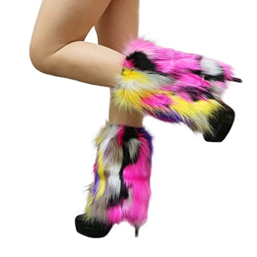 Tie Dye Women Furry Leg Warmers Faux Fur Boot Covers Fluffies Cuffs, 9.8