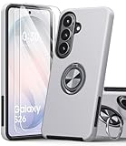 AOUIA für Samsung Galaxy S26 Hülle mit 2 Stück Panzerglas, 3-in-1 Set Schutzhülle, 360°Drehbarer Ring Kickstand, Militärstandard Stoßfest Handyhülle für Samsung S26, Silber