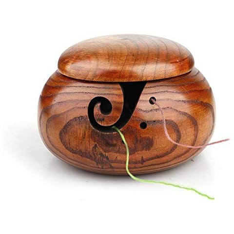LIDEBLUE Wood Yarn Bowl, Handmade Yarn Storage Bowl Crochet Knitting Wool Wooden Box for Women Moms Grandmothers Cover