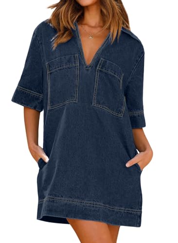CHARTOU Damen Jeanskleid, locker, kurze Ärmel, lässiges Sommerkleid, Umlege-Pullover, Vintage-Tunika, Jeanskleid, Dunkelblau, X-Klein