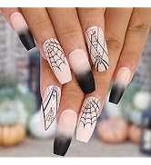 Kikmoya Halloween Press on Nails Long Ombre Nude Coffin Fake Nails with Sipder Web Design 24pcs B...