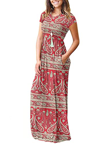 Image of MISFAY Women's Short Sleeve Maxi Dresses Long Casual Dresses with Pockets | Empire Elastic Waist, Crew Neck, Floor Length, Strentchy Flowy A Line Fit, Loose Plain Summer Outfits, Vacation Wear
