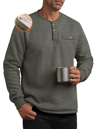 Herberton Herrenkleid Designer Dressy Sweatshirt Kuscheliger Komfort Pullover Waffel Henley Flanell Fleece Sherpa Gefüttertes Taschenhemd Grün XL