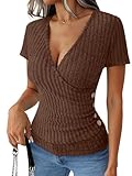 Kurzärmeliges Shirt für Damen, tiefer V-Ausschnitt, gerippter Strick, schmaler Wickelpullover, Top, Sommer, modisch, elegant, lässig, leichter Pullover, braun, M
