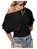 SweatyRocks Women's Off The Shoulder Crop Tops Asymmetrical Y2K Going Out Top Dolman Short Sleeve 2026 Summer Trendy Clothes Black Medium