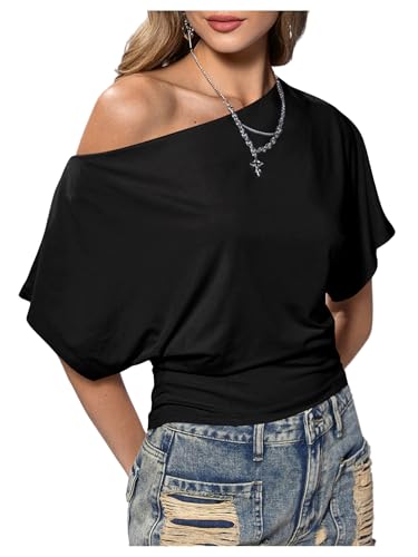 SweatyRocks Women's Off The Shoulder Crop Tops Asymmetrical Y2K Going Out Top Dolman Short Sleeve 2026 Summer Trendy Clothes Black Medium
