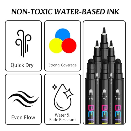 Image of Betem 6 Black Dual Tip Acrylic Paint Markers, Fabric Decorating Kits Premium Water-Based Acrylic Paint Pens Art Supplies for Fabric, Rock, Wood, Glass, Canvas, Ceramic, Teacher Appreciation Gift