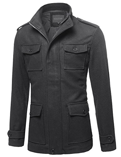 Image of Classic Long Sleeves Zipper & Button Closure Wool Blend Coat Charcoal L