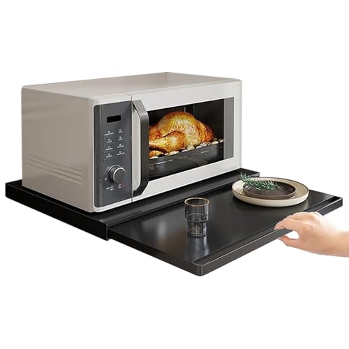 Image of NERNGZC Microwave Pull-Out Cabinet Organizer Shelf, Kitchen Carbon Steel Microwave Oven Rack with Pull-Out Drawers & Shelves for Various Kitchen Appliances (Black)