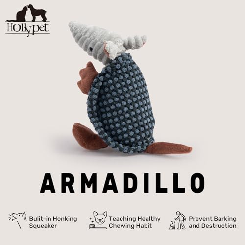 Image of Hollypet Plush Dog Squeaky Toy Stuffed Armadillo Animal Pet Puppy Chew Toys with Clean Teeth for Small Medium Large All Breed Sizes Dogs, Dark Gray and Light Gray,8 in