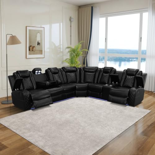 Image of Power Recliner Sectional Sofa, L-Shaped Living Room Furniture Set, Reclining Sectional Couch with Storage Console /Cup Holder for Living Room /House /Apt (Black-1, 5 Seater)