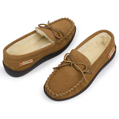 Image of Alpine Swiss Sabine Womens Moccasin Slippers Genuine Suede House Shoe Memory Foam Insole Plush Faux Shearling Fur Indoor Outdoor Anti-Slip Rubber Sole