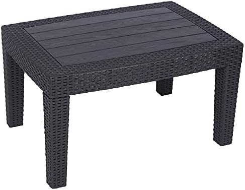 Varbucamp Waterproof Wicker Coffee Table, All-Weather Patio Rattan Table Furniture with PP Board Slat Top for Proch, Deck, Balcony, Black