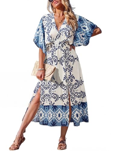 Image of CUPSHE Women's Summer Boho Maxi Dress Paisley Floral V Neck Smocked Dress Beach Vacation Slit Hem Flowy Dress with Pockets