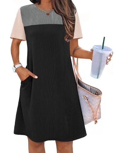 MEROKEETY Women's 2025 Spring Summer Mini Dresses Casual Short Sleeve Crewneck T Shirt Shift Dress, Black, X-Large