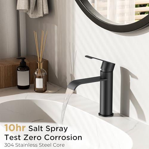 FORIOUS Waterfall Bathroom Faucet Single Hole Matte Black | Single Hole Bathroom Sink Faucet Matte Black, Single Handle Rv Faucet Bathroom for Sink with Deck Plate and Pop-up Drain - image 2