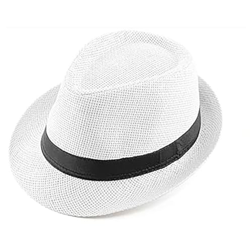 Straw Fedora Hat for Women Men Panama Hat Short Brim Summer Sun Hat,White