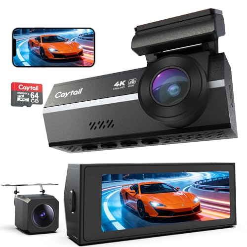 Caytail Dashcam 4K+2K – Cámara Coche Grabadora WiFi 5GHz con Tarjeta 64G, Cámara de Coche Frontal y Trasera, Grandangolo 170°+120°, Grabación en Bucle, Visión Nocturna WDR, Aparcamiento 24h, Sensor G