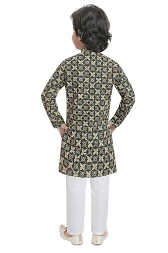 Image of TinySteps Boys' Ethnic Wear - Cotton Lakhnavi Chikan Kurta with Golden Sequence Work and Elastic Waist White Cotton Pajama - Festive & Wedding Outfit