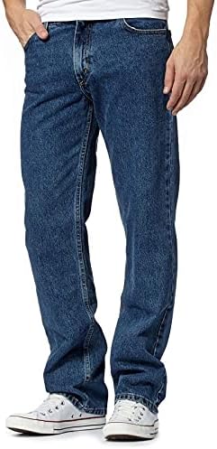 Mens Denim Basic Jeans Cotton Original Plain Straight Leg Heavy Duty Denim Basic Washed Jean Classic Designer Fit Casual Work Wear Zip Fly Belt Loop Pants Pocket Trousers Bottoms