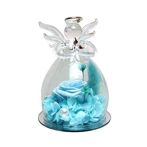 AUPSU Véritable rose éternelle dans un dôme en verre, rose préservée avec figurines d'ange, cadeau de fleurs pour la Saint-Valentin, la fête des mères, un anniversaire, Thanksgiving Bleu Clair Cover