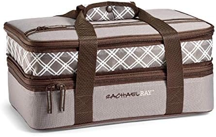 Rachael Ray Expandable Insulated Casserole Carrier with Dish Storage, Hot Cold Food Carrier, Delivery Bag, Insulated Food Bag for Hot or Cold Food, Sea Salt Grey, 16.5" x 10.5" x 6.8"