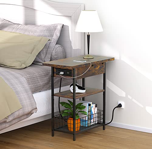 Narrow End Table With Charging Station, Narrow Side Table With Usb Ports And Outlets, Storage Nightstand Sofa Bedside Tables, Couch Small Side Table For Small Spaces Living Room Bedroom, Brown #TOP3