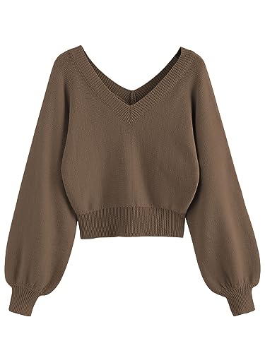 Image of ZAFUL Women's Cropped Sweater V-Neck Long Sleeve Pullover Jumper Knit Top