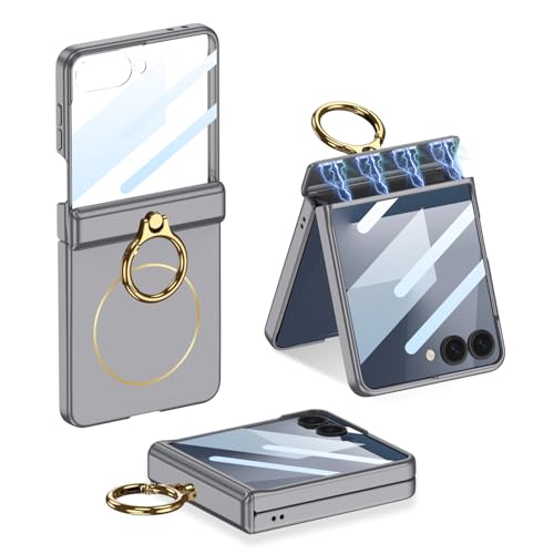 Galaxy Z Flip7専用 折り畳み式手帳型ケース 超薄軽量 磁気ヒンジカバー 多機能リング 強化ガラスフィルム内蔵 ワイヤレス充電対応 PC素材 マットの表面 肌にやさしい感触 全囲い保護 レンズ保護 スマホ フレーム 携帯電話 落下防止 耐衝撃