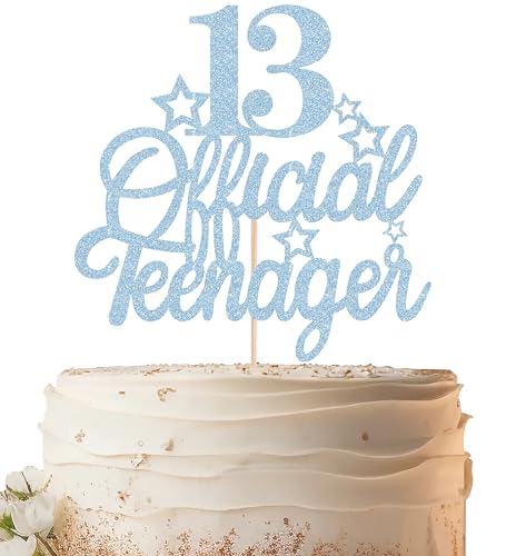 EONNCNT 13 Official Teenager Cake Topper - Light Blue Glitter 13th Birthday Cake Decoration Supplies, Cheers to 13 Years Cake Decor for Teen 13th Birthday Party Photo Booth Props