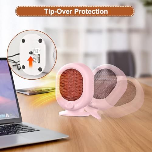 Mini Space Heater,1500W Small Desk Heater,2 Gears Adjustable,PTC Ceramic Heating,Tip-over & Overheat Protection,Fast Heating and Super Quiet Pink - 4