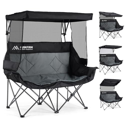 Huskfirm Double Camping Chair with Canopy Shade Folding Double Beach Chair with Adjustable Canopy Heavy Duty Loveseat Camping Chair with Two Cup Holders and Carry Bag for Outside, Beach Fishing Sports