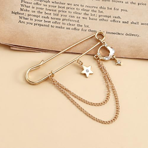 Image of Punk Gold Silver Star Moon Tassel Chain Brooch Sweater Shawl Clips Collar Pin for Women Safety Chain Tassel Broochs