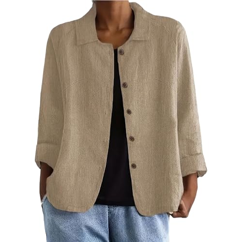 Womens Cotton Linen Shirts Jacket Long Sleeve Button Down Blazer Lightweight Casual Lapel Cardigans Summer Blouses