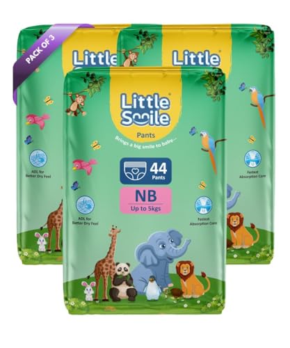 Image of Baby Diapers Pant Style | Size - NB - 44 (Pack of 3) | Odorless and Antibacterial Layer with Urine Indicator (132 Pieces)