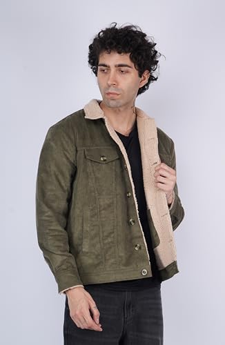 Image of Men's Sherpa Lined Corduroy Jacket | Warm Winter Jacket with Fur Collar & Cuffs | Soft Fleece Lining, Multiple Pockets - Brown, Olive Green, Chocolate Brown