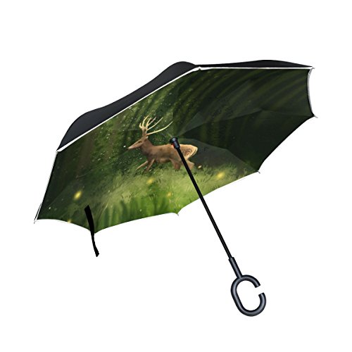 Preisvergleich Produktbild ISAOA, Regenschirm, umgekehrter Regenschirm, Winddicht, doppellagige Konstruktion, Nicht-Regenschirm für Auto Regen Outdoor-Nutzung, mit C-förmigem Griff Wald Hirsch, für Damen und Herren
