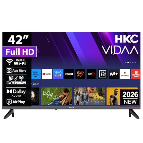 HKC Smart TV 42 Pulgadas, FHD LED Televisor con WiFi, LAN, App Store, Sintonizador Digital, Prime Video, Netflix, Youtube, DAZN, Disney+, Pluto TV y Más