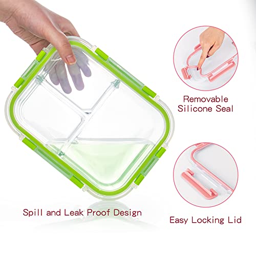 Glass Food Storage Containers 3 Compartment With Lids (5 Pack, 34Oz), Divided Glass Meal Prep Containers For Lunch At Work, Leak-Proof Portion Control Food Containers, Microwave/Dishwasher Safe #TOP3