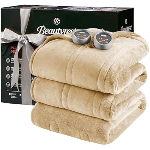 Beautyrest Reversible Heated Blanket, Queen Size Electric Blanket, Tan