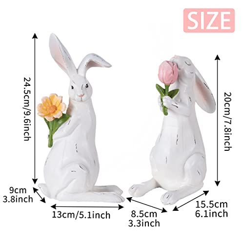 Valery Madelyn Easter Bunny Decorations For Home, Large White Couple Rabbits Figurine With Flowers, 2Pcs Cute Easter Gifts Resin Statues For Spring Home Indoor Holiday Party Table Centerpieces, 8-9.6" #TOP6