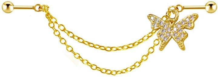 16G Rhinestone Butterfly Gold Chain Dangle Industrial Barbell Cartilage Earring Titanium Steel Industrial Piercing Jewelry for Women