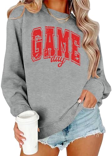 Ithalt Game Day Sweatshirt Women Cute Football Graphic Pullover Shirt Football Season Long Sleeve Tops(LightGrey Medium)