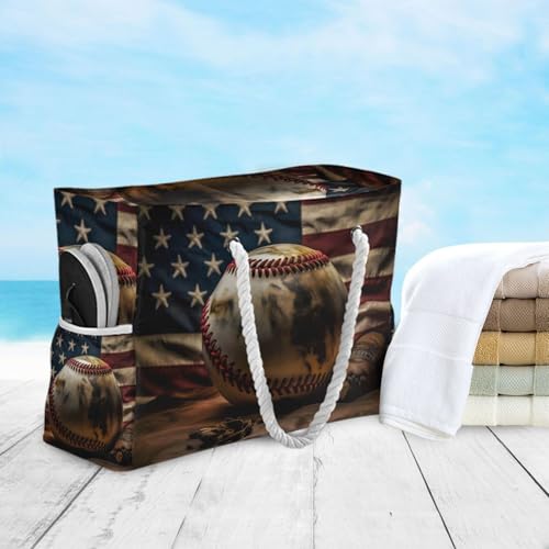 Baseball and American Beach Bag for Women Large Beach Tote Bag with Zipper for Travel Vacation4
