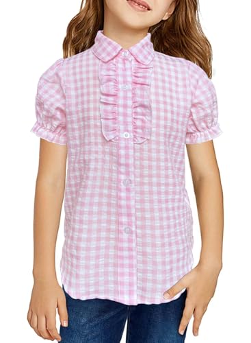 Image of Girls Short Sleeve Button Down Shirts Ruffle School Uniform Crop Tops Peter Pan Collar Plaid Blouse 4-13Y
